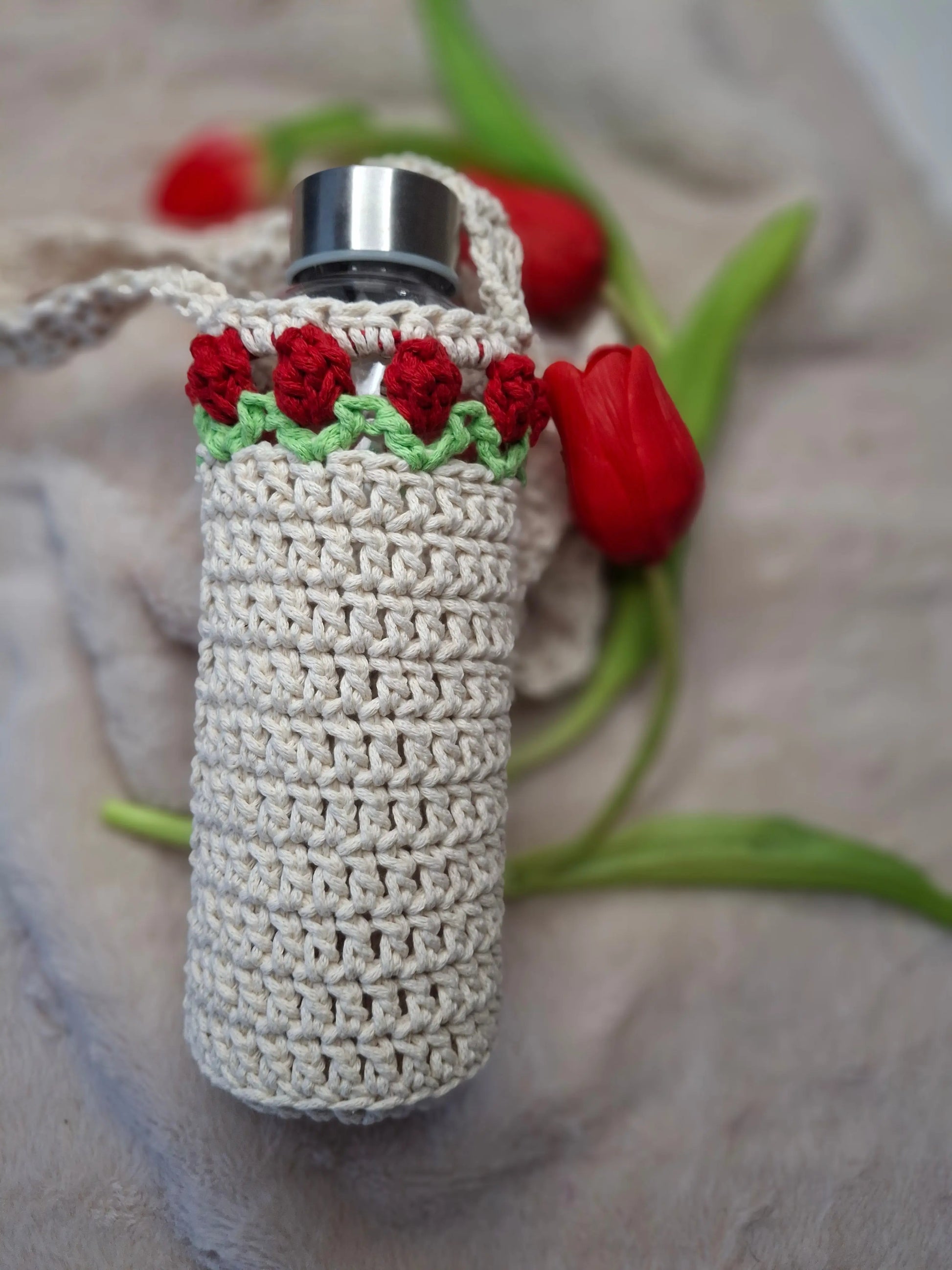 SAC BOUTEILLE tulipe en tricotin fait main, zéro dechet, réutilisable,  idée cadeau fête des mères,  idée cadeau,  lavable 30°